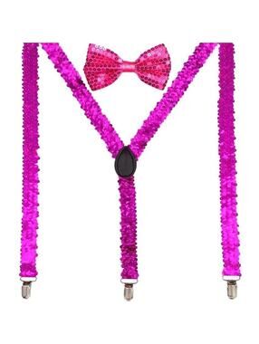 Men AB Elastic Band Hot Pink Sequin Suspender With Maching Polyester Bowtie